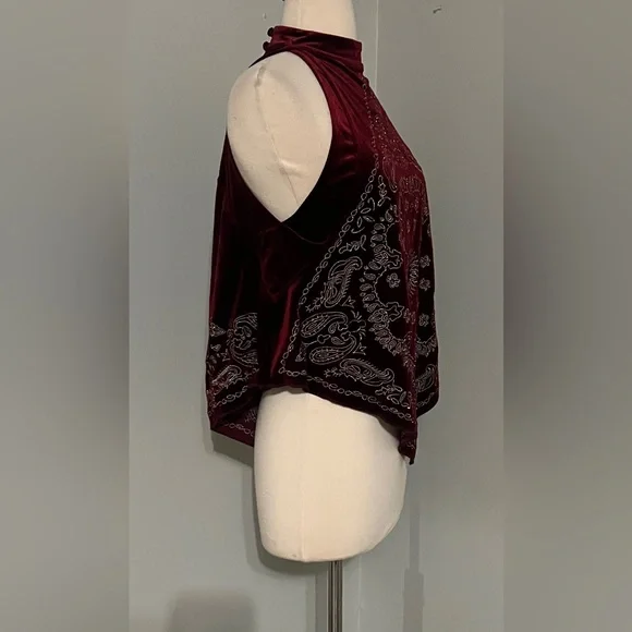 Free People Bandana Bling Velvet Tank XS Red Boho High Neck Festival Top - Picture 8 of 9